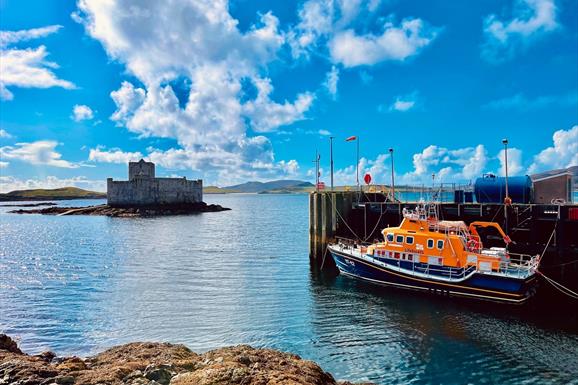 Kisimul Castle and Barra lifeboat, Castlebay